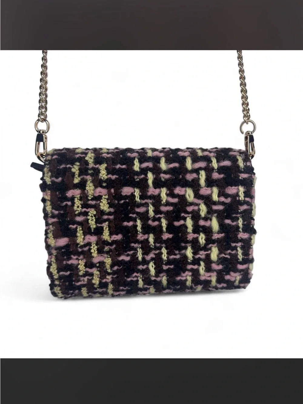 Tory Burch Tweed Flap Shoulder Bag in Pink, Black & Yellow-Green